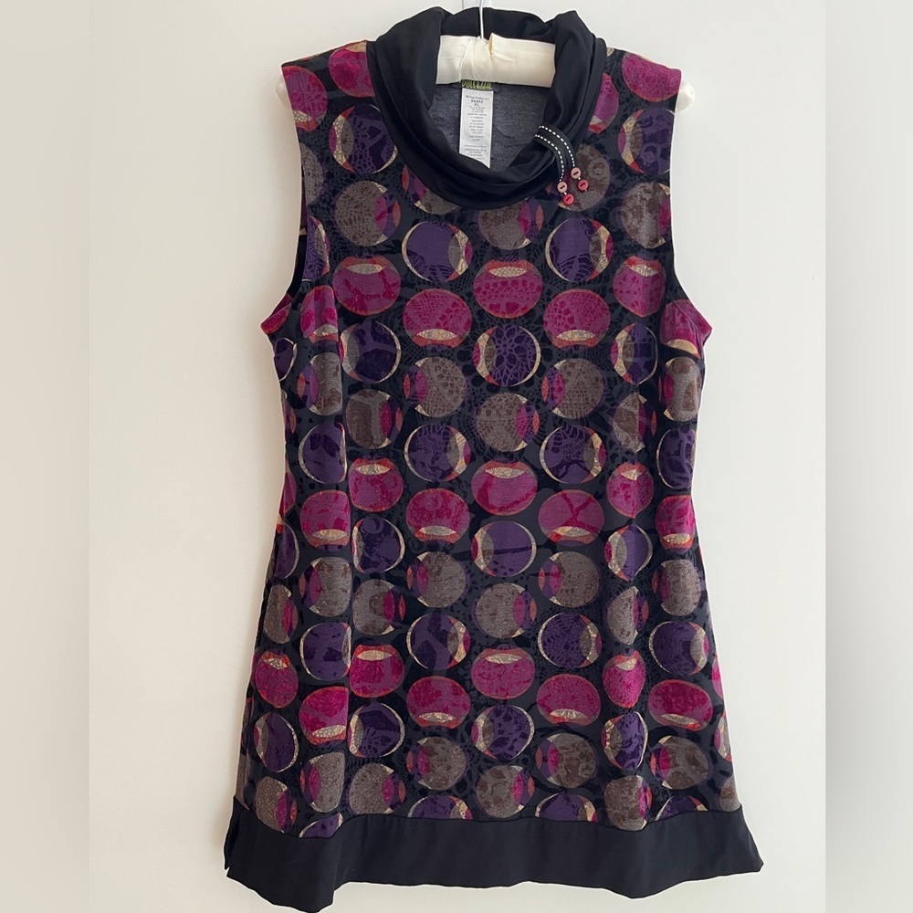 DOLCEZZA Tunic Mini Dress A Line Circle Pattern Sleeveless Cowl Neck Artsy Chic